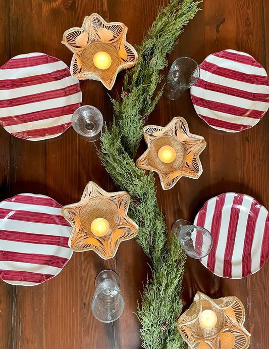 Christmas Table Setting with Handmade Italian Ceramic Plates, Rattan Candle Holder and Cedar Juniper Garland